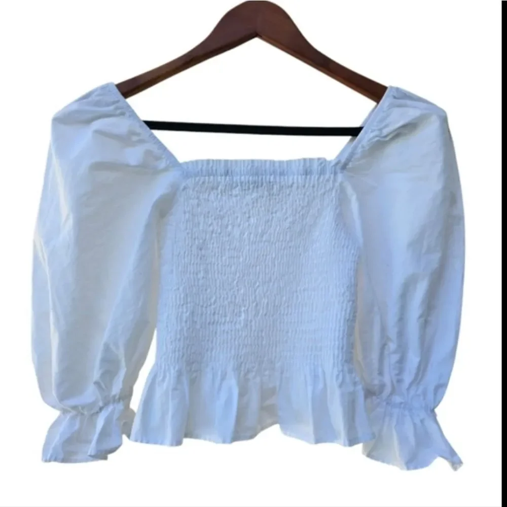 Zara White Puff Sleeve Smocked Blouse